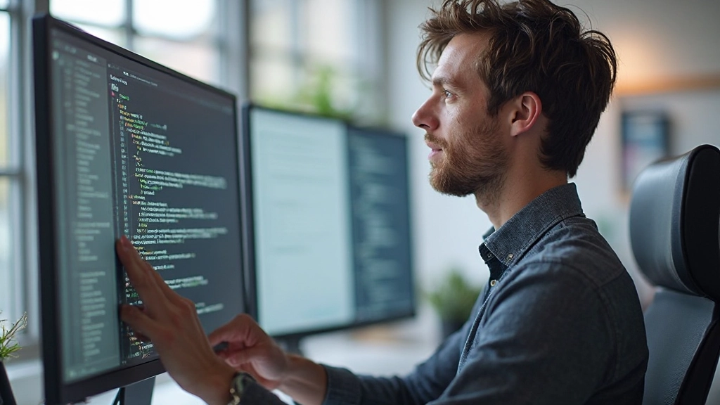 Professionele webdesigner die typografiehiërarchie visualiseert op een monitor met kleur en groottecontrasten