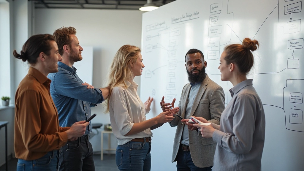 Team collaborating on sitemap and information architecture on large whiteboard with sticky notes and diagrams
