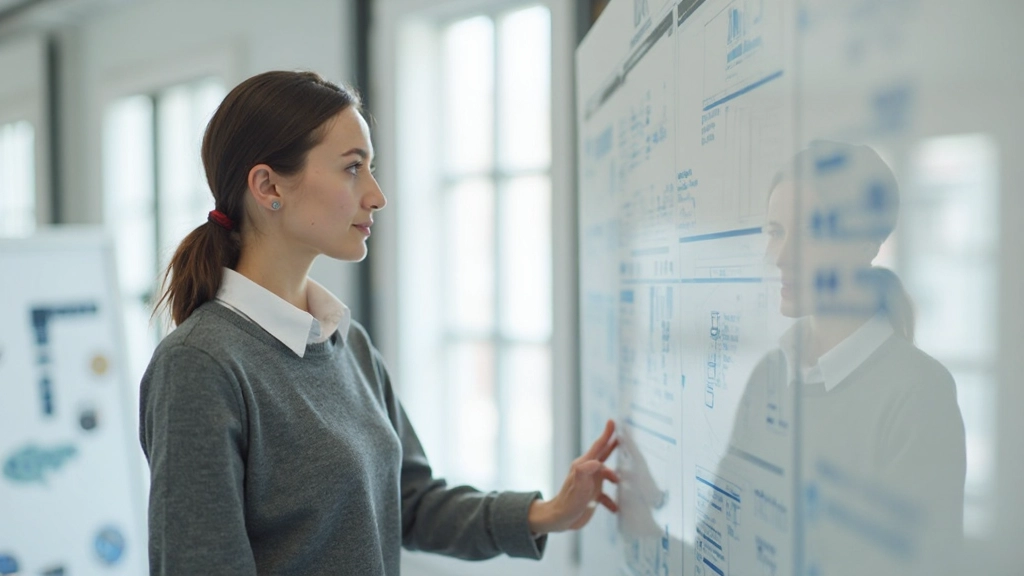 Professional designer organizing information architecture on digital whiteboard with team collaboration