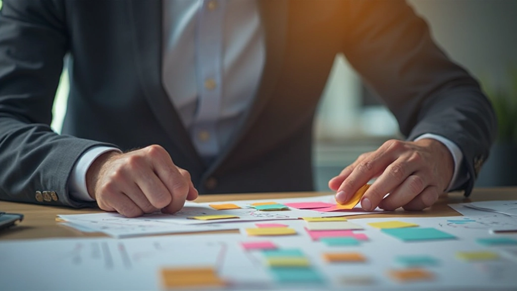 Inhoudsspecialist organiseert inhoudsstrategie met kleurgecodeerde notities en diagrammen