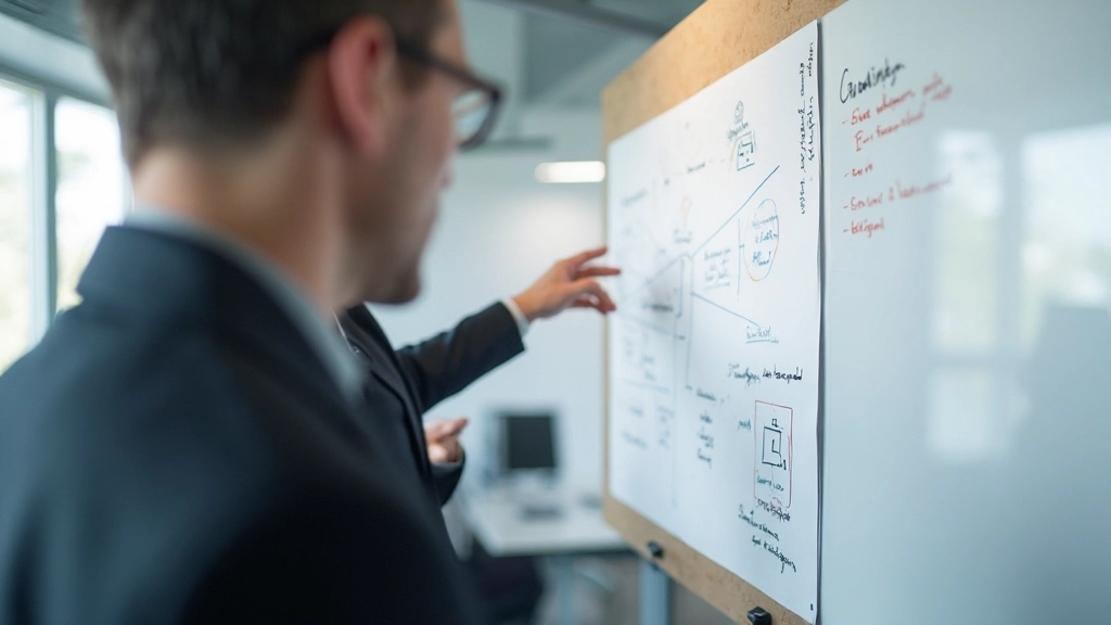 Strateeg analyseert inhoudsdoelstellingen en doelgroep op whiteboard