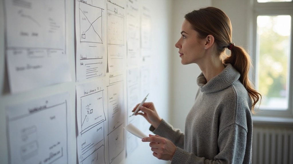 Webontwerper test gebruikerservaring door wireframes te analyseren op whiteboard