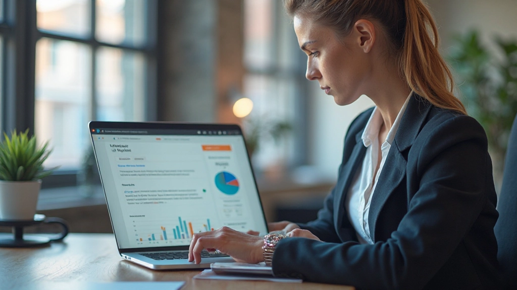 Professionele afbeelding van content strategist die SEO-gegevens analyseert op computerscherm